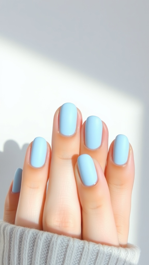 Five fingers with soft baby blue matte nails, displayed against a light background