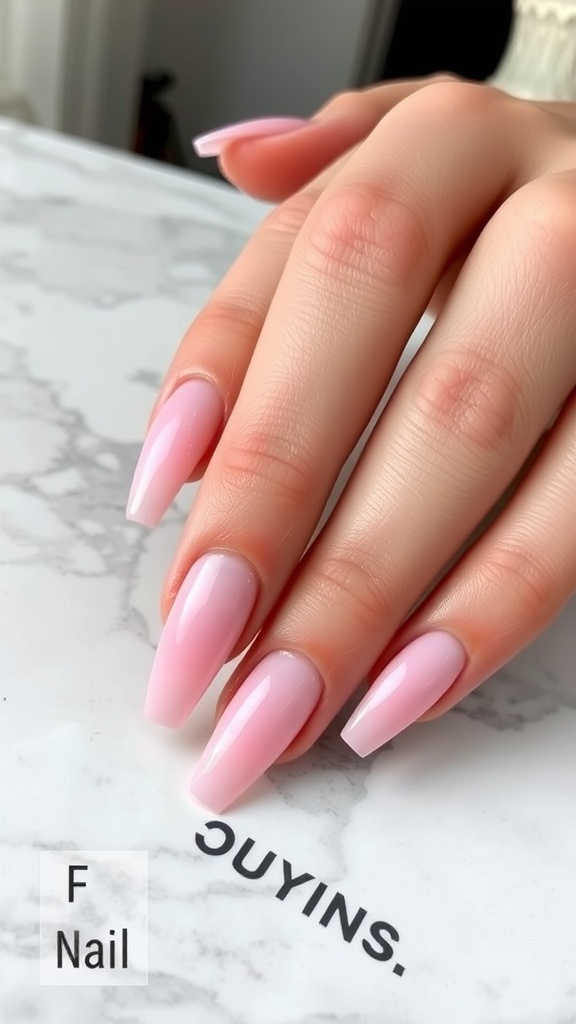 Close-up of hands with soft baby pink gradient nails on a marble surface