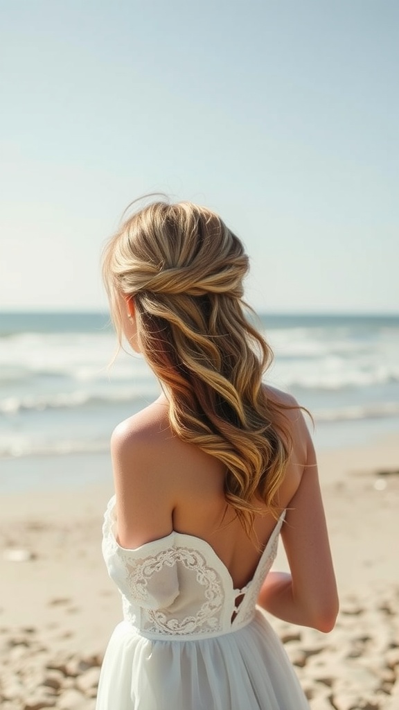 A bride with soft beach waves hairstyle standing near the ocean