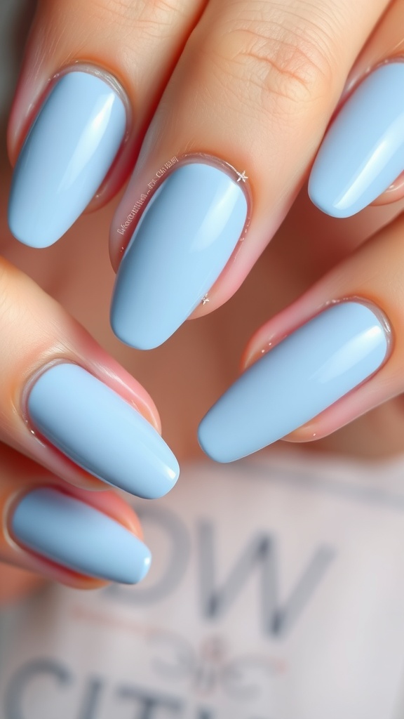 Close-up of elegantly manicured light blue almond nails with a glossy finish.