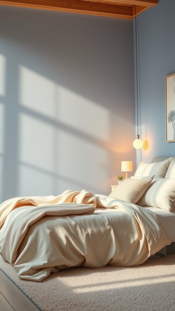 A cozy bedroom featuring soft blue walls and beige bedding, with warm lighting and wooden beams.