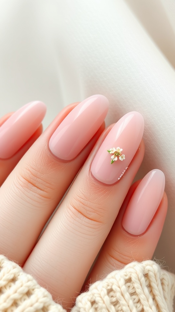 Image of soft blush almond nails with a floral design.