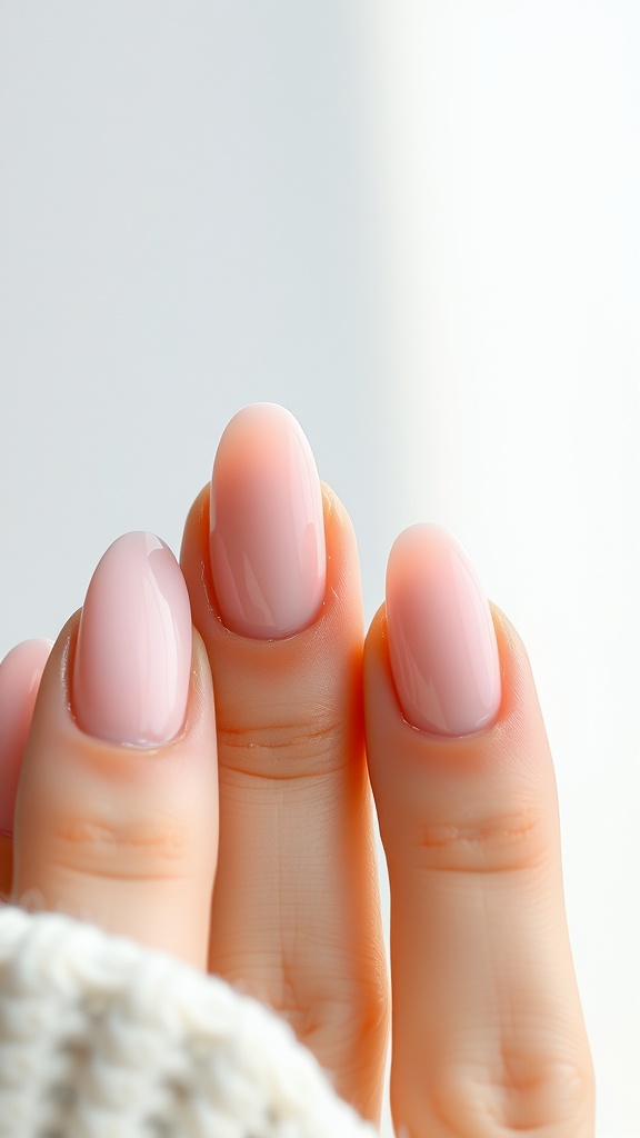 Close-up of light pink chrome almond nails