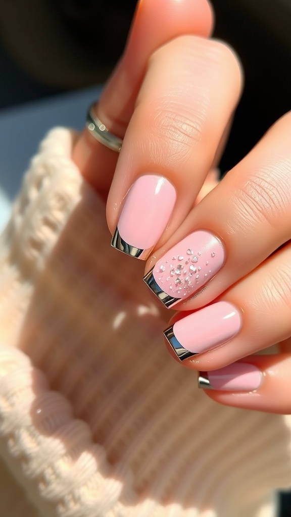 Short light pink nails with chrome accents and decorative gems.