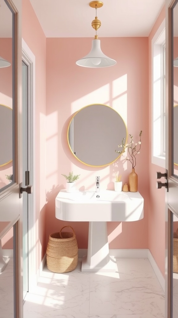 A bright bathroom with soft blush walls, a round mirror, and minimal decor.