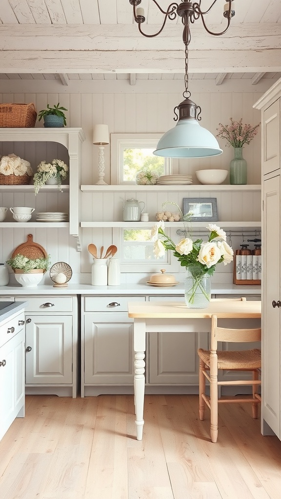 A soft-colored farmhouse kitchen featuring pastel accents, white cabinetry, and a blue pendant light.