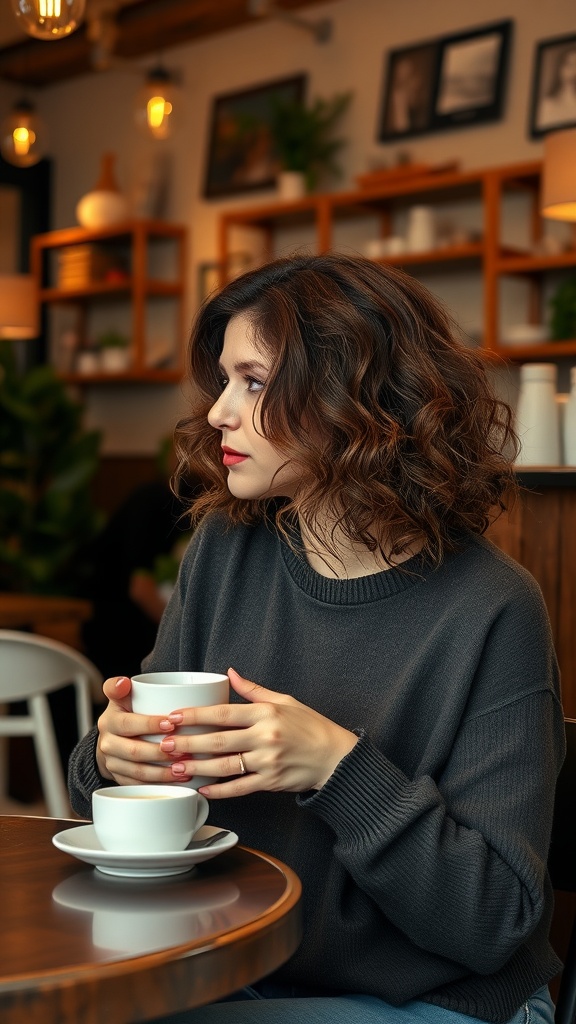 Woman with soft curly lob hairstyle in a cozy café, holding a cup of coffee.