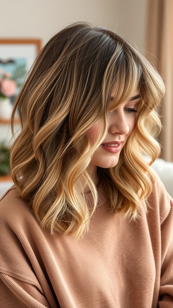 A woman with soft curly shag hairstyle, featuring loose curls and layered hair, looking stylish and confident.