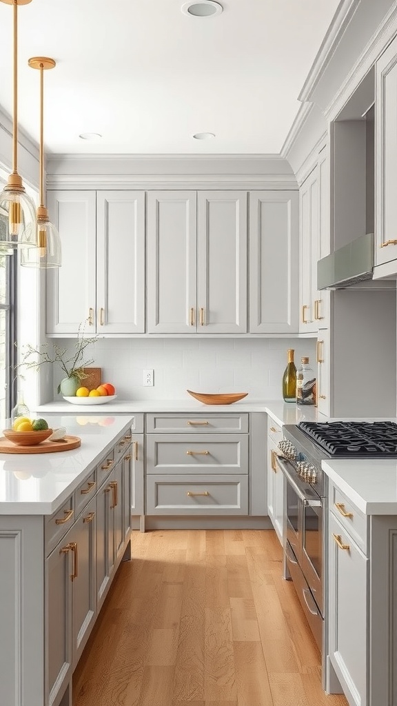 A modern kitchen featuring soft gray cabinets with gold hardware, a white countertop, and wooden flooring.