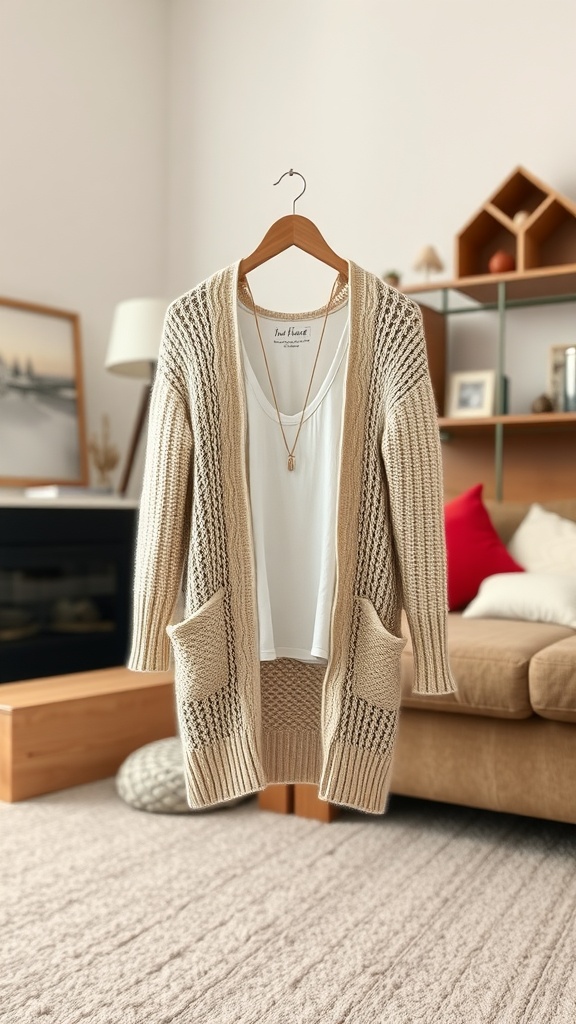 Soft knit cardigan hanging with a white tank top underneath