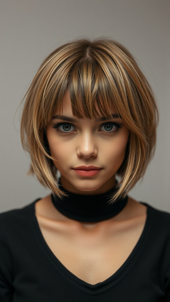 A portrait of a woman with a soft layered bob hairstyle and bangs, featuring highlights and a stylish choker.