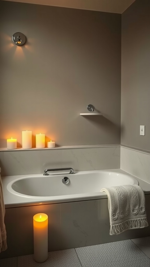 A cozy bathroom with soft lighting and candles, featuring a white bathtub and a warm atmosphere.