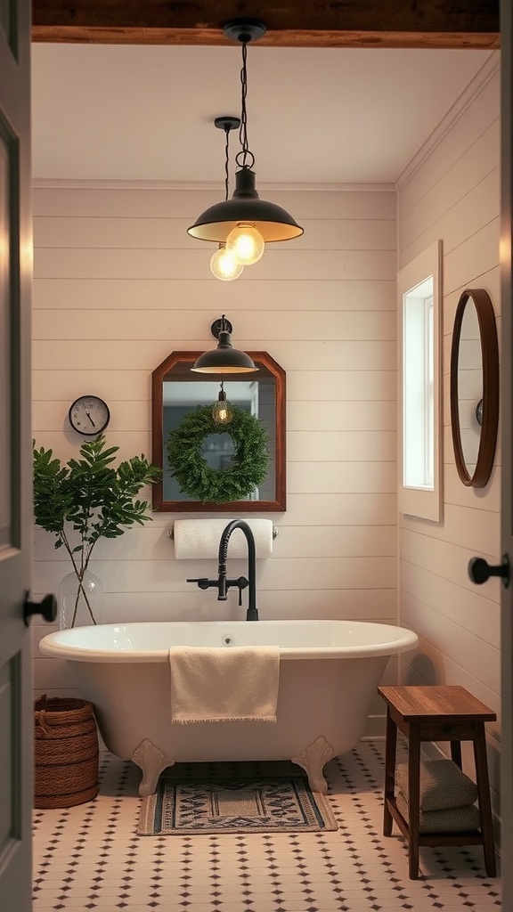 A cozy farmhouse bathroom with soft lighting fixtures and a vintage tub.