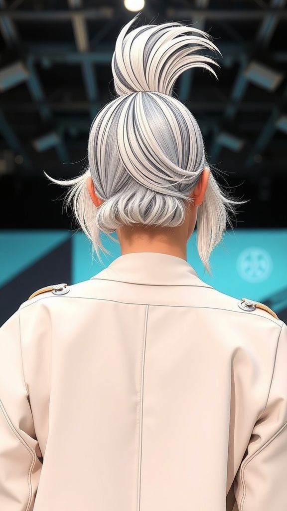 A model showcasing a soft mullet hairstyle with a high top and flowing layers, seen from the back.