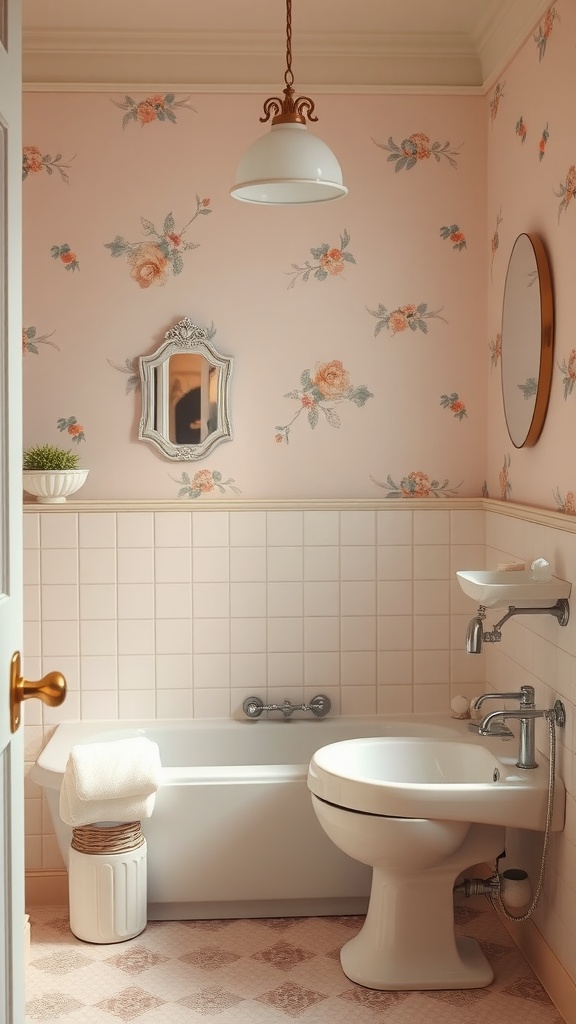 A vintage bathroom featuring soft pastel pink walls with floral patterns, a white bathtub, and elegant fixtures.