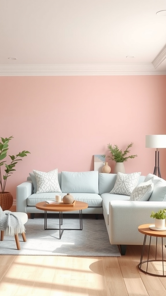 A cozy living room featuring a light blue couch, soft pink walls, and natural elements.
