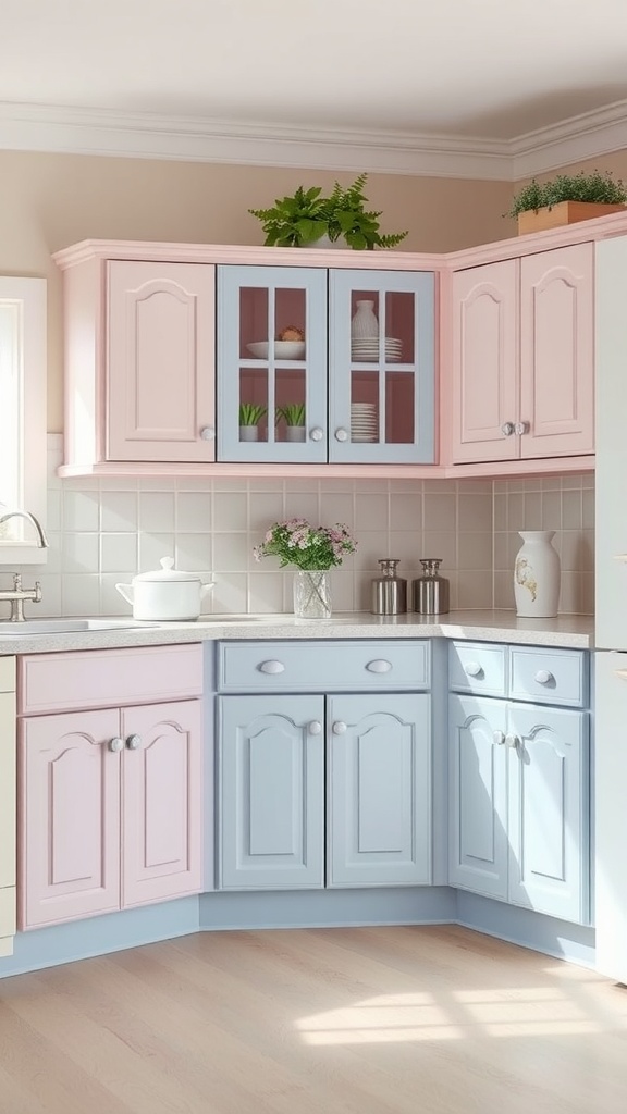 A kitchen with cabinets painted in soft pastel pink and blue, featuring a light countertop and some greenery.