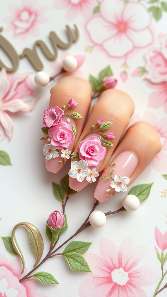 Soft pink almond nails with 3D floral art featuring roses and daisies.
