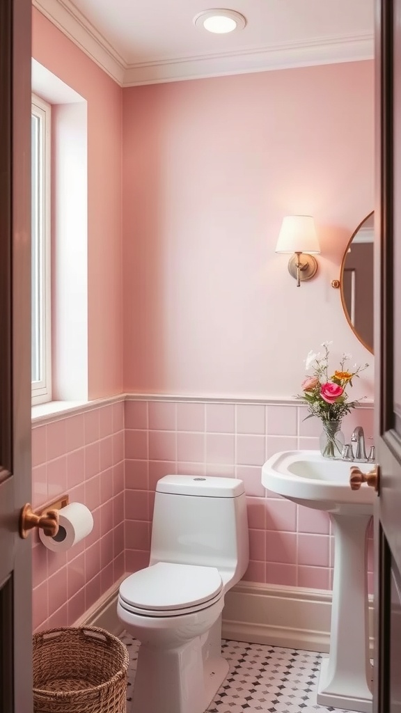 A well-decorated bathroom featuring soft pink wall accents, white fixtures, and floral decorations.