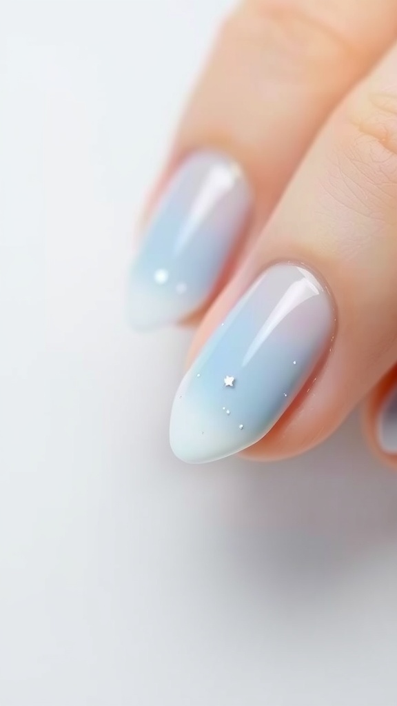 Close-up of soft sky blue ombre nails with star accents.