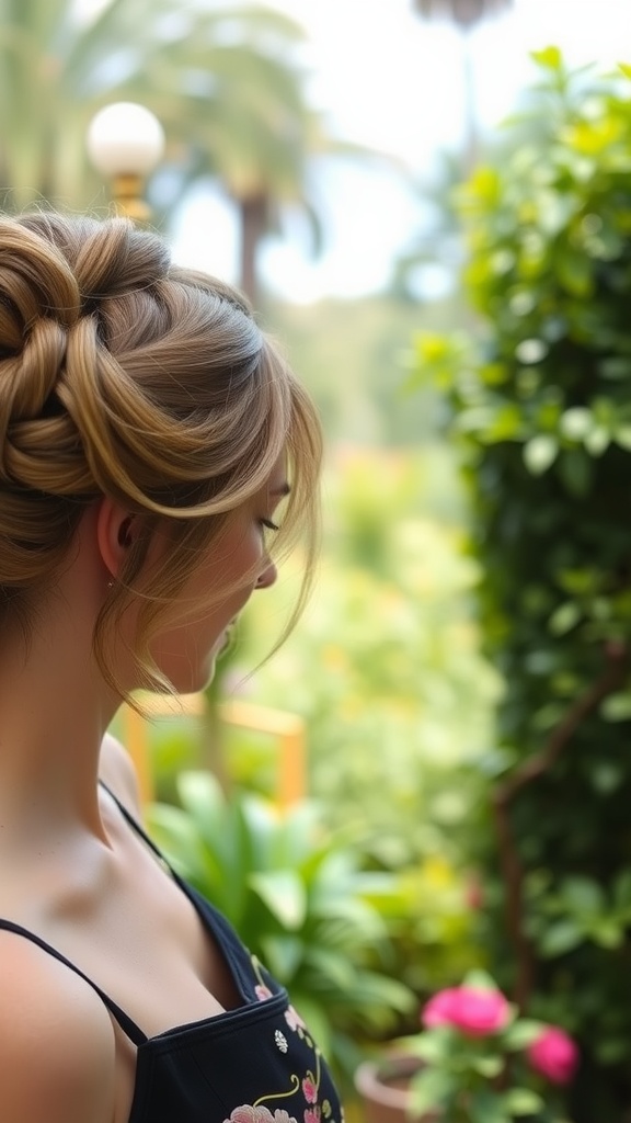 A woman with a soft updo hairstyle featuring loose strands, surrounded by greenery.