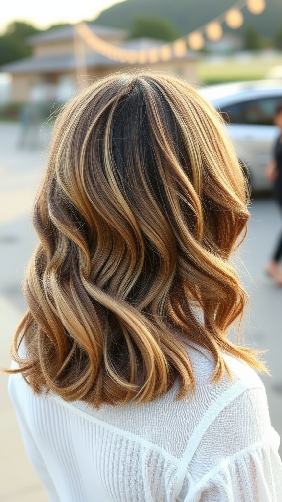 Medium length hair styled in soft waves with golden highlights