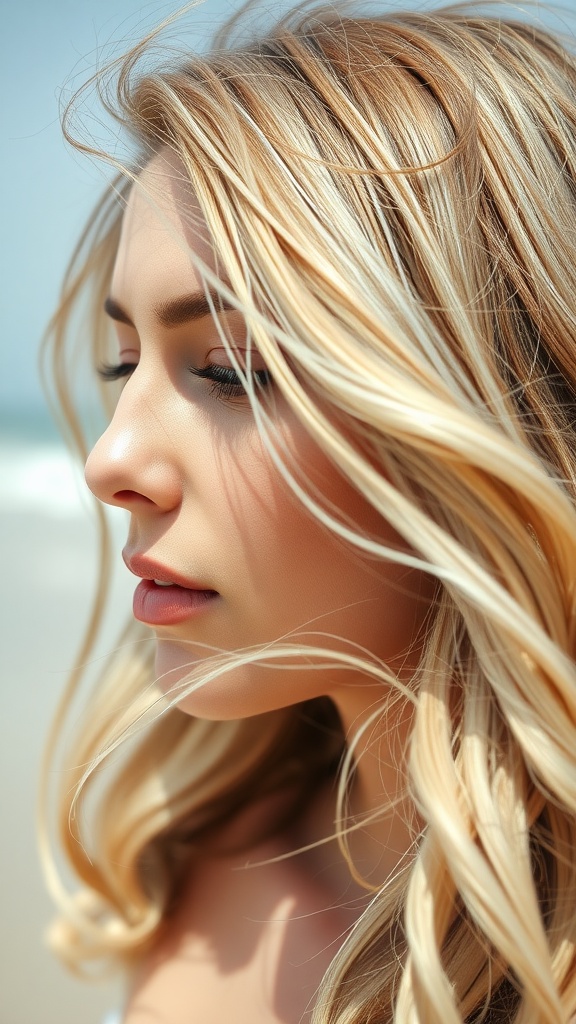Close-up of a woman with soft waves and blonde hair, capturing an effortless style.