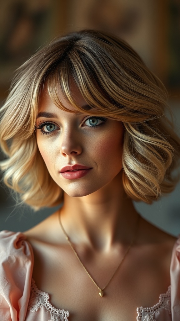 A woman with soft waves on a chin-length haircut, wearing a delicate top and a necklace, looking directly at the camera.