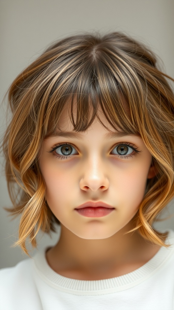 A young person with soft waves and bangs, showcasing a stylish short hairstyle.