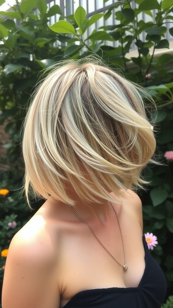 A softly feathered bob hairstyle with light blonde tones, showcasing movement and texture.