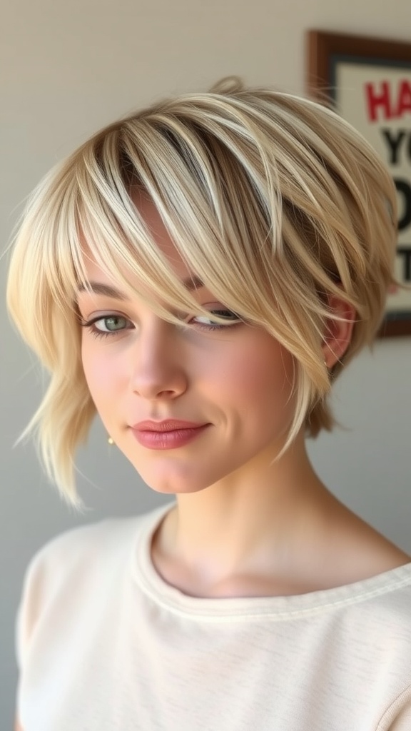 A woman with a softly layered bob haircut, showcasing movement and volume.