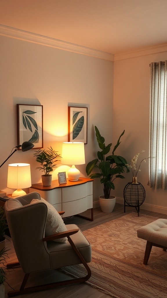 A cozy therapy office corner with warm lighting, plants, and comfortable furniture.
