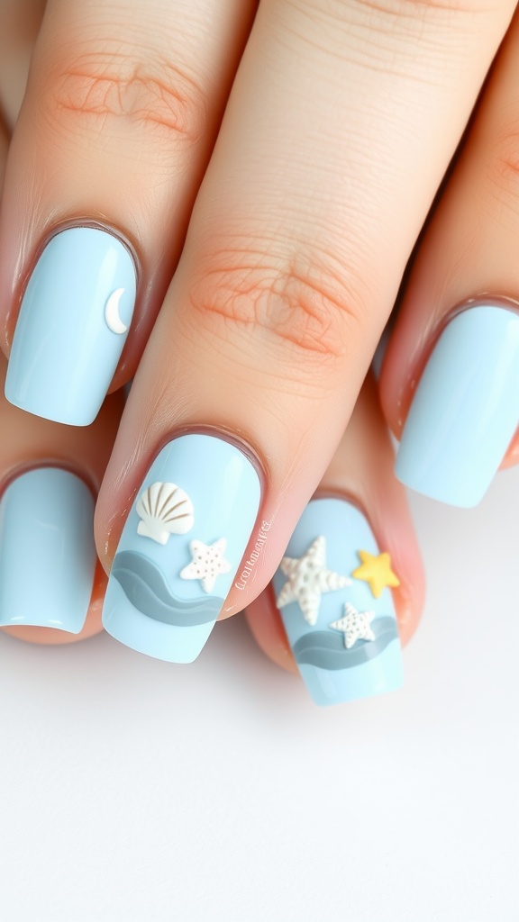 Light blue nails with ocean-themed designs like shells and starfish.