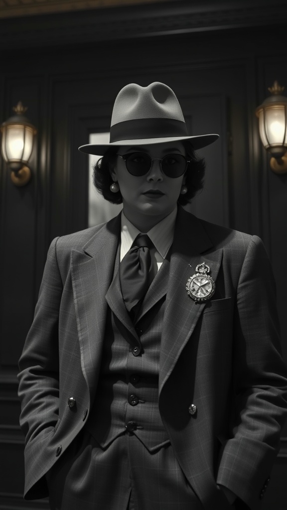 A person wearing a vintage 1940s suit with a hat and sunglasses
