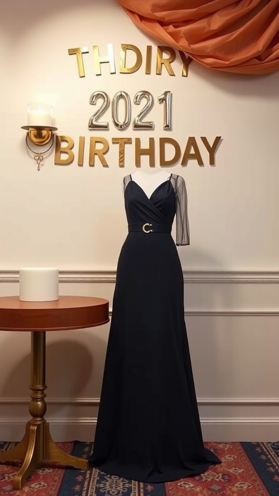 A sophisticated navy blue dress displayed with a birthday theme backdrop.