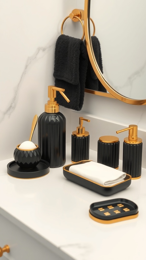 Black and gold bath accessories arranged on a bathroom countertop with a mirror in the background.
