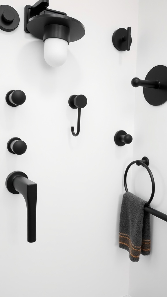 A modern bathroom wall featuring various black fixtures including hooks, a light, and a towel ring.