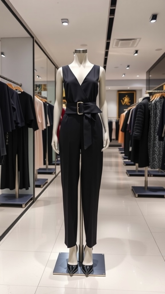 A mannequin displaying a black jumpsuit with a statement belt in a clothing store