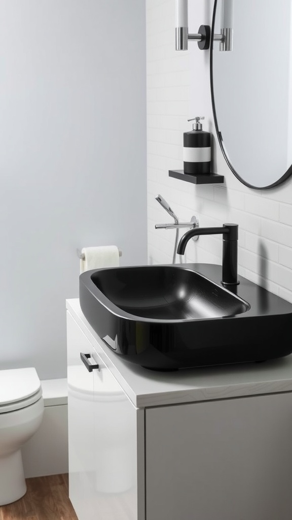 A modern bathroom featuring a black sink with sleek fixtures, white cabinetry, and a round mirror.