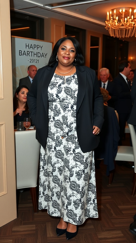 A woman wearing a black blazer over a black and white patterned dress, celebrating a birthday.