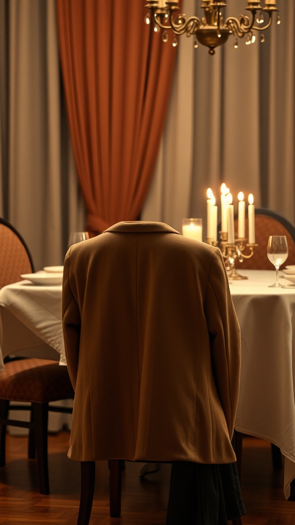 A sophisticated blazer draped over a chair in a candlelit dining setting, creating an elegant atmosphere.