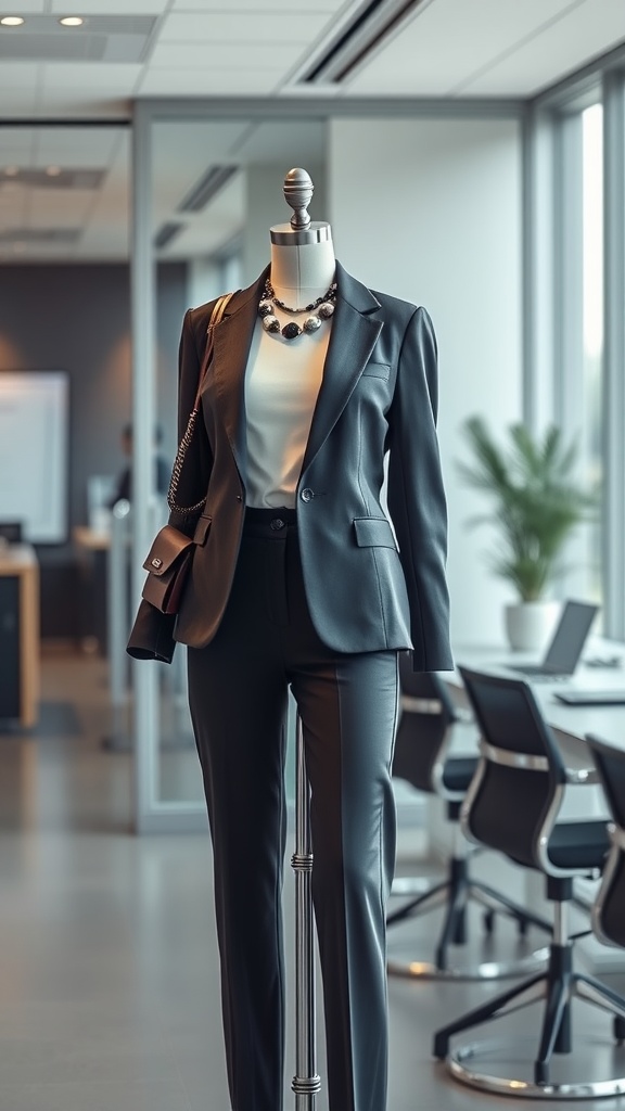 A stylish business suit displayed on a mannequin in a modern office setting.