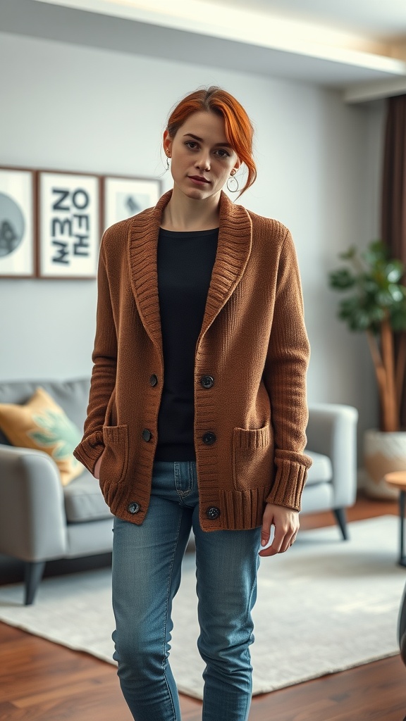 A woman wearing a cozy brown cardigan over a dark top and slim-fit jeans, standing in a stylish living room.