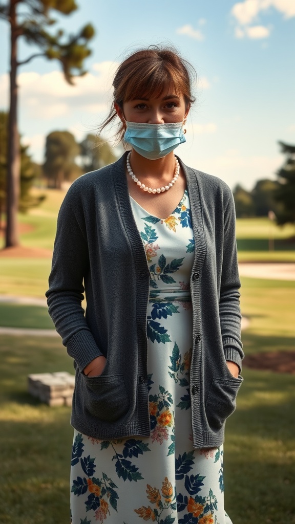 A woman wearing a floral dress and a cardigan stands outdoors, showcasing a layered outfit suitable for a country club.