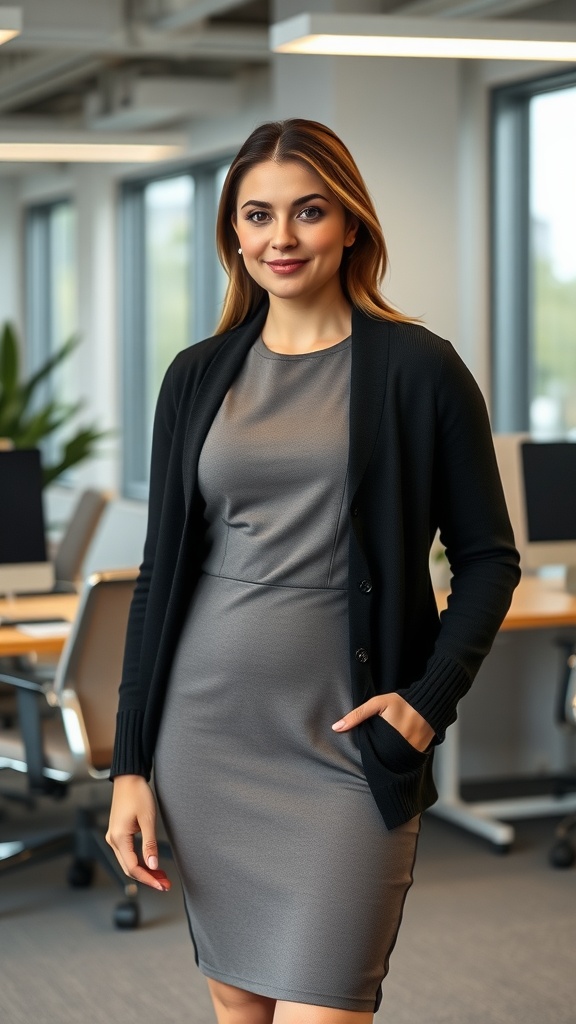 A woman wearing a black cardigan over a gray fitted dress, standing in an office setting.