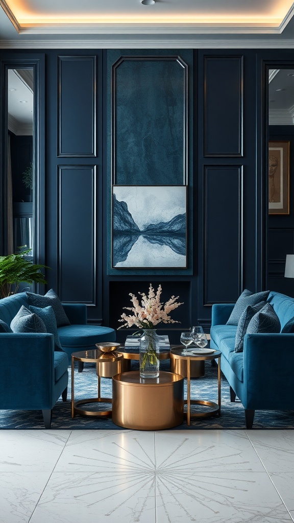 A luxury living room featuring deep blue walls, plush blue sofas, and gold accents.