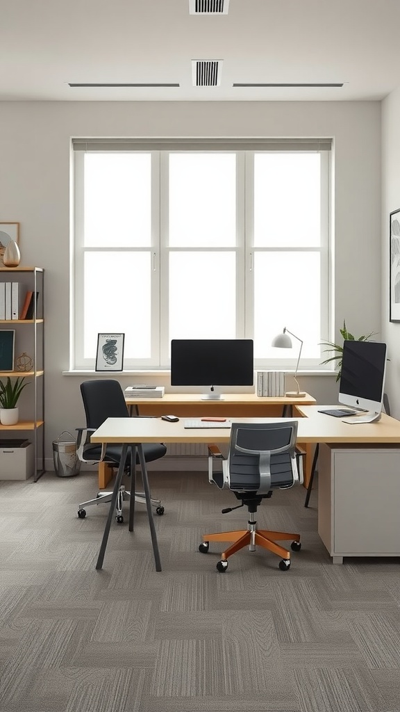 A modern office space featuring a light wooden desk, black and gray chairs, large windows, and minimal decor.