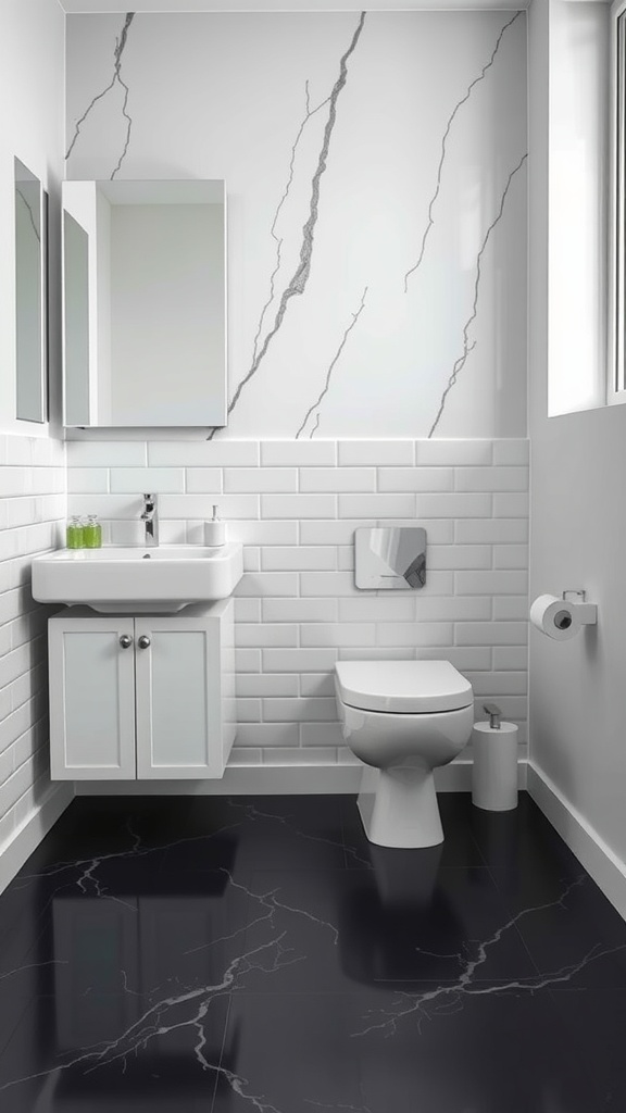 A modern bathroom with a black floor and white fixtures, featuring a sleek sink, toilet, and marble wall design.