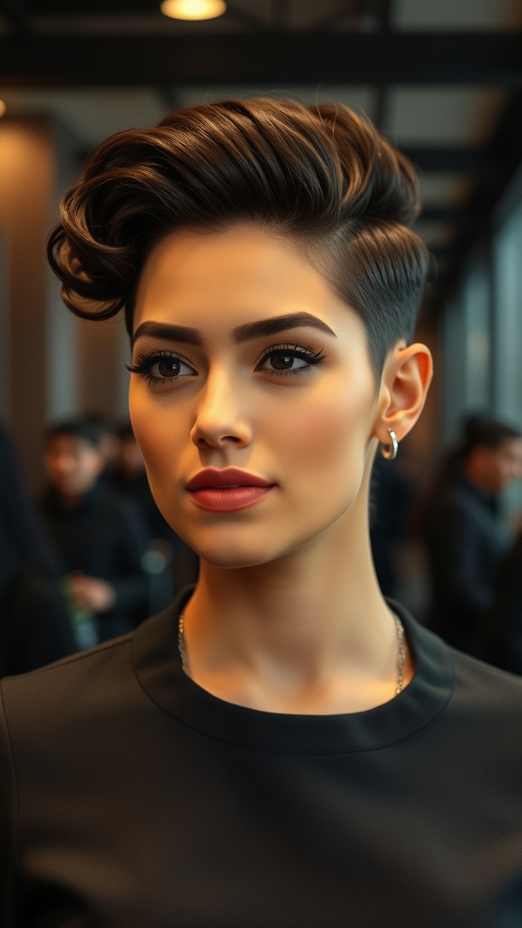 A woman with a sophisticated curly taper hairstyle, showcasing defined curls on top and tapered sides.