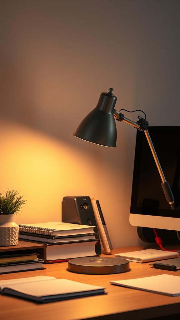A sleek desk lamp illuminating a workspace with a modern design